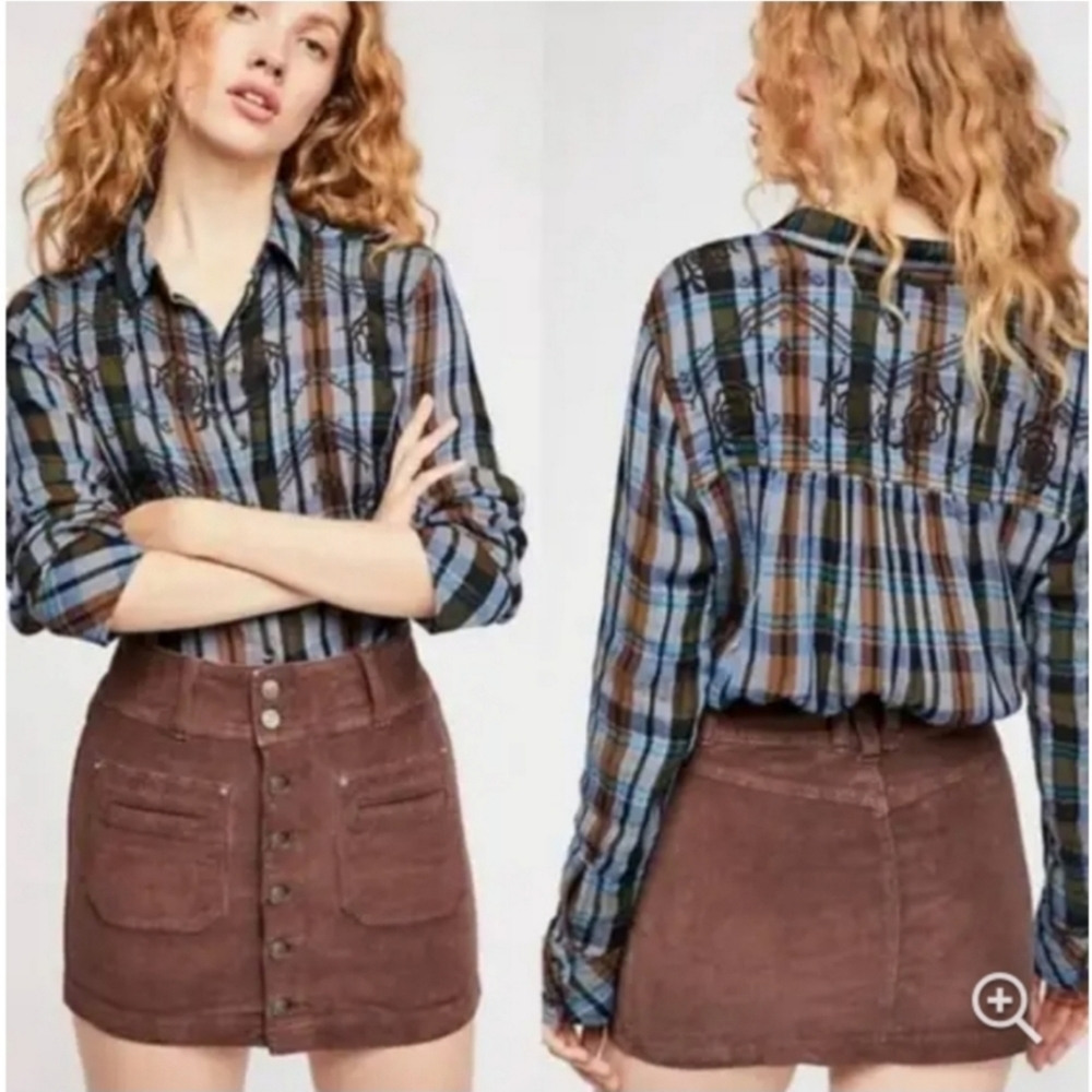 Free People Floral Embroidered Plaid Button Down Shirt Size Small